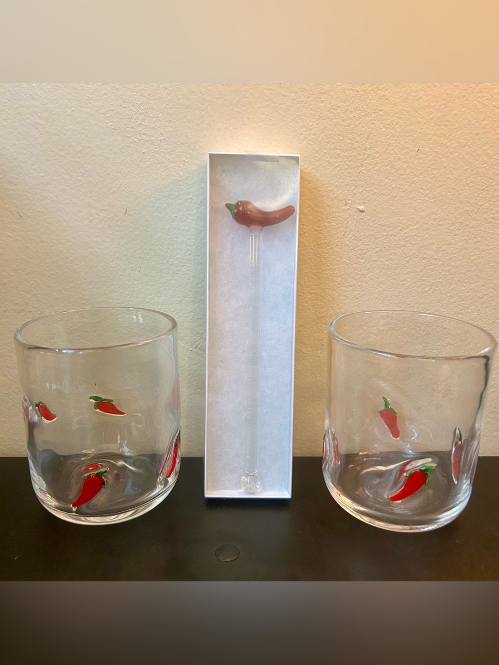 Anthropologie Icon Juice Glass Chili Pepper 2 Glasses + Stir Stick NEW No Box